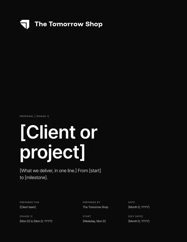 Cover page: dark, wordmark, client name as the title