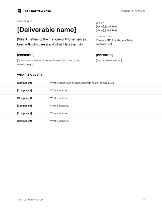 Deliverable page with principles and spec rows