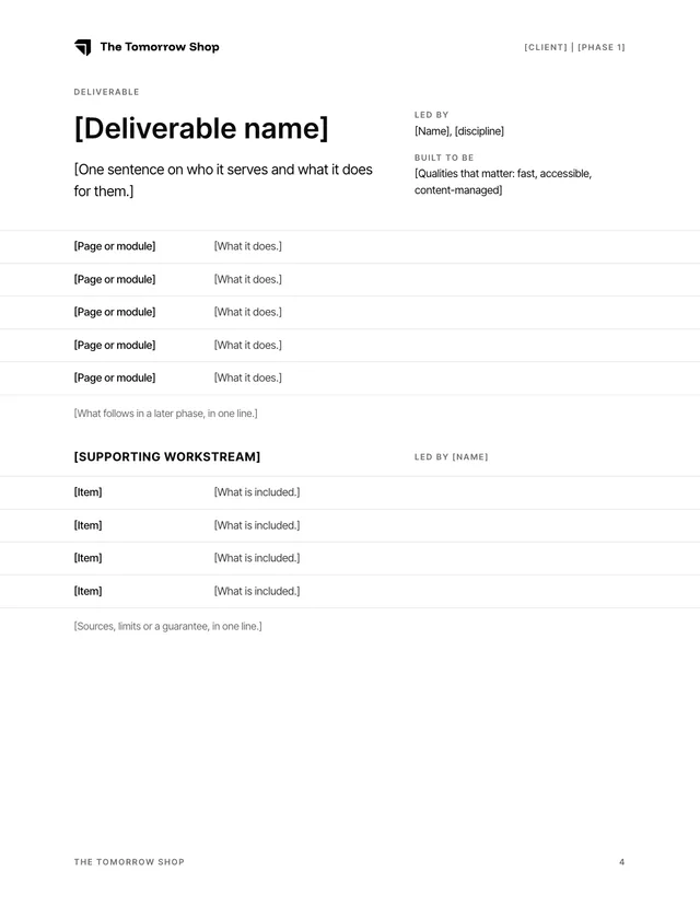 Deliverable page with a supporting sub-block