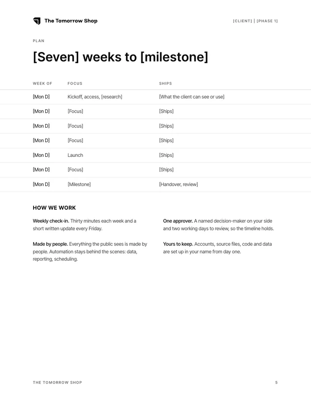Plan page: week-by-week table and how we work
