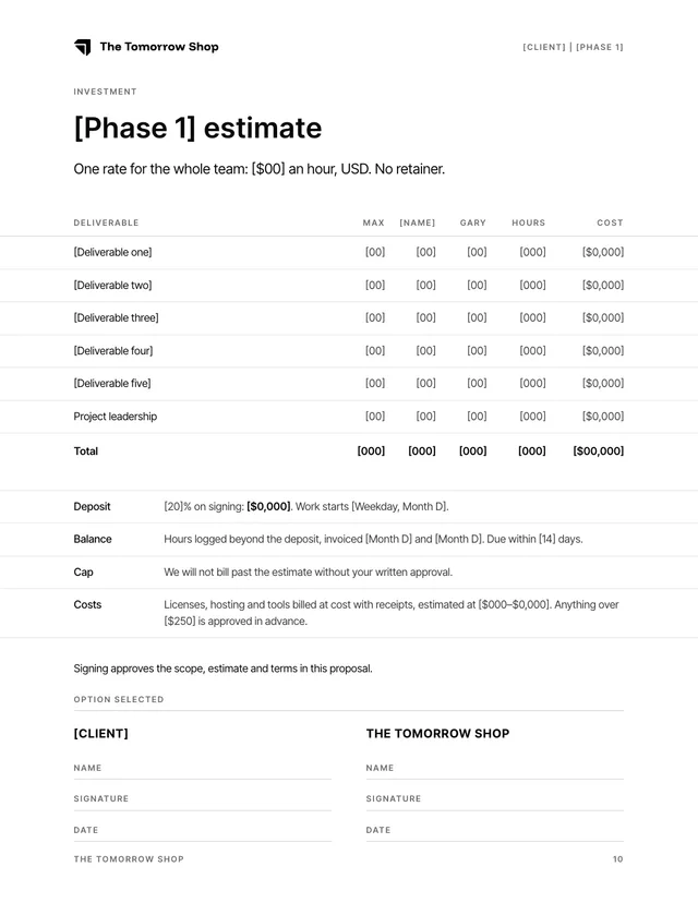 Investment page: hours per person, payment terms, signatures