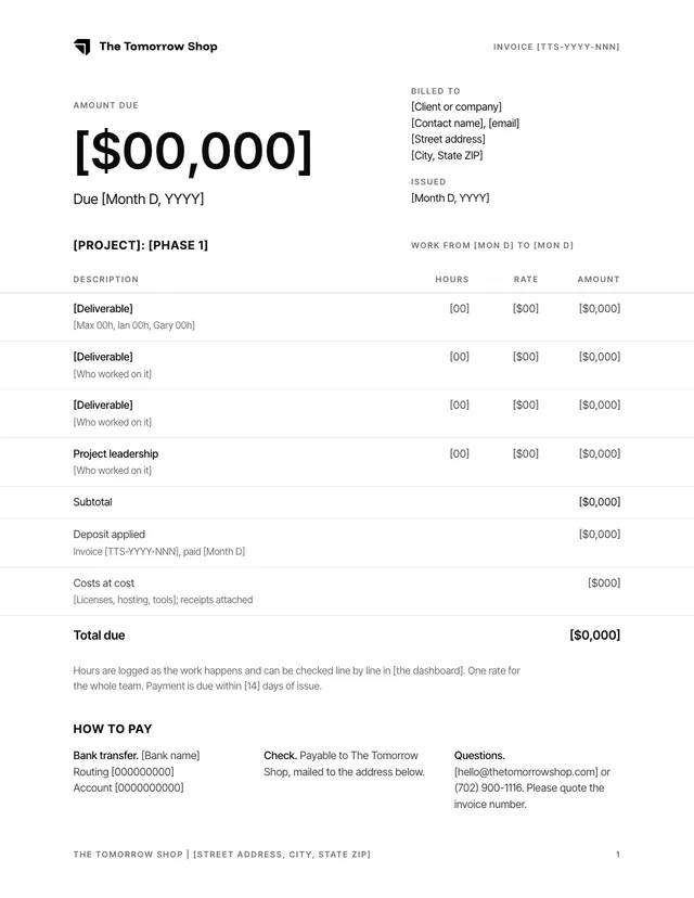 Invoice template: amount due in large type, billed-to block, hours by deliverable, deposit applied, costs, total due, how to pay